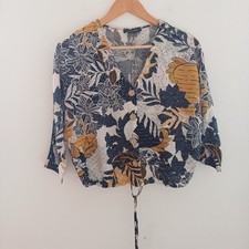 Size 6 Navy White Mustard Paisley Print Tie Waist Top T-shirt XS Blouse Holiday