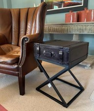 Trunk / Suitcase style Side Table / Bedside - Genuine Black Leather - Iron Base