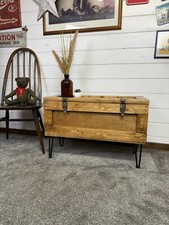 Large Wooden Chest Box Table Metal Legs Blanket Storage Rustic Home Industrial