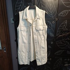 Zara Size S Longline Sleeveless Denim Jacket About Knee Length Off White Ivory 