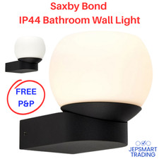 SAXBY Bond Bathroom Wall Light Black IP44 Fitting with Glass Opal Shade #99