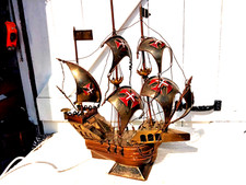VINTAGE BRASS & WOOD GALLEON SAILING SHIP TABLE LAMPS NIGHTLIGHT