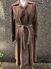 Vintage Womens Corduroy Long Trench Coat Belted Brown Boho 70s M/38