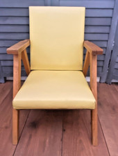 Vintage MCM Danish Style Childs Chair Small Wooden Frame Retro Yellow Vinyl