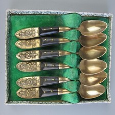 Buddhist Spoons: Coffee Tea or small Dessert. Brass wood vintage set x 6. 4.25"