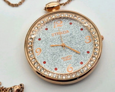 Strada Pocket Watch Glitter Effect Face 18k IP Plating Rose Gold Case & Chain