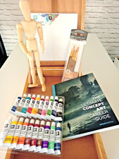 Wooden Art Box Easel Paints Canvas Boards Book Manakin Bundle