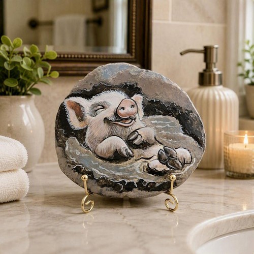 Hand painted stone pig - painted,