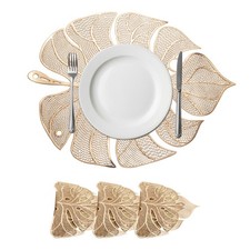 Palm Leaf Shaped Placemats Set of 4 Leaf Shaped Vinyl Pressed Placemats, Gold