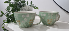 2 Aphorism Hand Painted By Joyye Mugs Cups Green  Floral Pattern