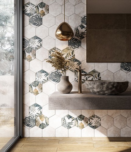 Floral green hexagon porcelain - green,