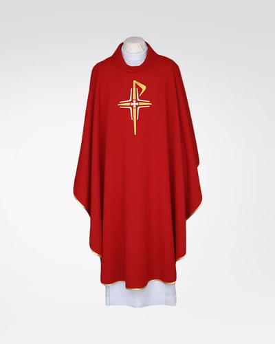 Red embroidered chasuble with