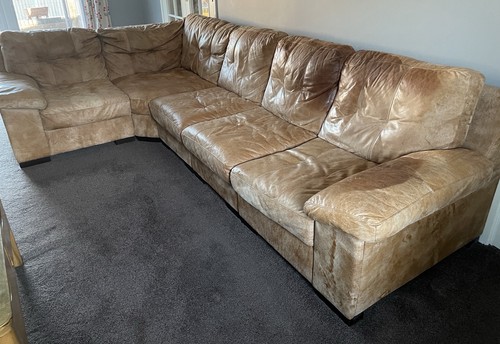 Brown tan leather corner sofa - leather,