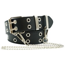 Gothic Women's Belts with Silver Chain - Punk Double Eyelet Faux Leather Belt