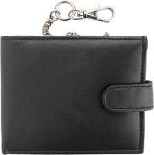 Mens RFID Blocking Genuine Leather Wallet with Safety Chain in Black