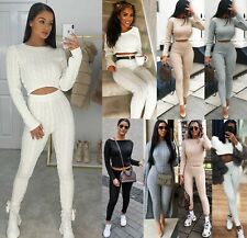 Womens Ladies Chunky Cable Knitted Co-ord Top Legging Loungewear Tracksuit Set