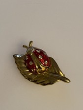 Gold Tone Ladybird Brooch on Leaf Red Enamel Rhinestone Bug Pin Vintage Style