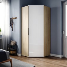 Modern High Gloss Corner Wardrobe White&Oak Bedroom with Hanging Rail Shelves
