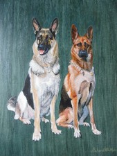 Two Alsations Waiting for a Walk. Richard Whitten Original Oil Dog Portrait