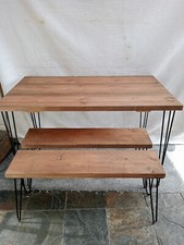 Table And Benches Made From Scaffold Boards On Hairpin Legs Medium Oak Stain *