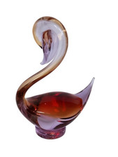 Vintage Amethyst Art Glass Swan – Cased Glass Sculpture Murano Style 21cm Tall