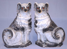 Large Pair of Staffordshire Style Bo’ness Grey & White Wally Dogs with Glass Eye