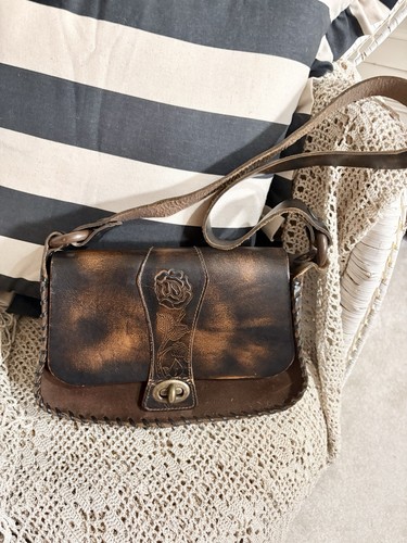 Vtg brown leather - leather, tooled
