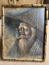 Vintage Painting On Leaves of Chinese Man Smoking Opium Signed Bunto