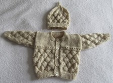 Hand knitted light weight cardigan and hat set in light brown newborn baby boy