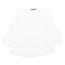 ZARA Womens Blouse White V-Neck Puff Sleeve Viscose M