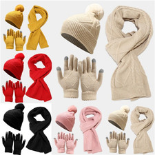 Ladies Thick Knit Hat Scarf AND Gloves Set Knitted Womens Winter Warm Set NEW