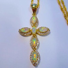 (YGP 5)  GORGEOUS WHITE FIRE OPAL YELLOW GOLD CROSS PENDANT