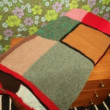 Huge Vintage Shabby Patchwork Squares Knitted King size Blanket Bedspread