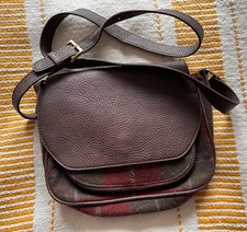 Joules Red Brown Tartan Wooden Leather Shoulder Bag 27cm Wide (T34)