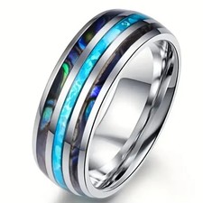 MENS STAINLESS STEEL 8MM SILVER ABALONE & BLUE OPAL EFFECT BAND RING SIZE Y
