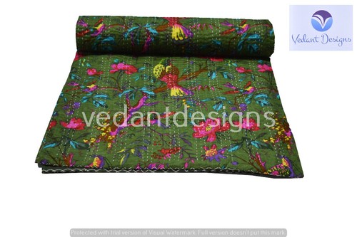 Green bed runner - green, kantha