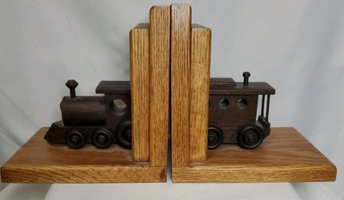 Oak wood train book ends - wood,
