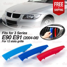 Fits BMW 3 Series E90 E91 2004-08 Kidney 12 BARS Grille M Sport 3 Colour Stripes