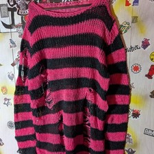 Goth Punk Rock Distressed Striped Pullover Jumper One Size