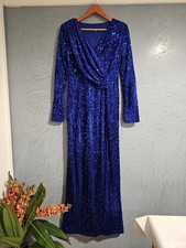 New Blue Sparkling Sequin Long-sleeved Ruched Front Long Occasion Dress Size 12