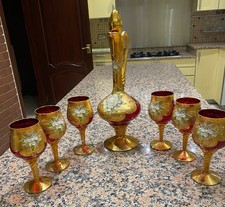 Murano wine decanter set with six red claret wine goblets with 24k gold inlay 