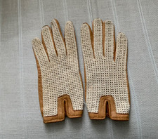Vintage Dents Ladies Driving Gloves Tan Leather with Beige Cotton Crochet Mesh