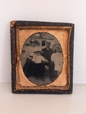 Victorian family group photo small copper? ornate wood frame tintype 8x9x1cm