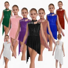 UK Kids Girls Modern Lyrical Dance Dress Asymmetrical Shoulder Ballroom Costume