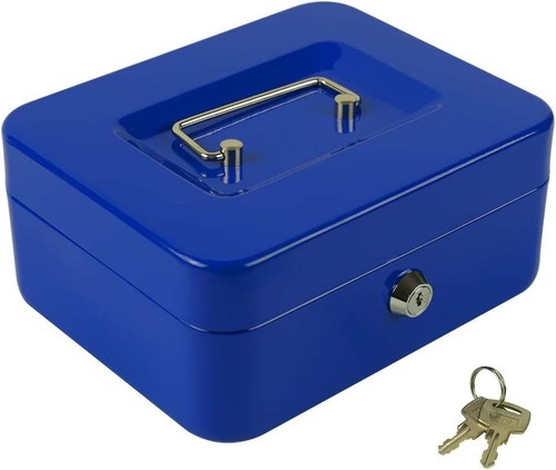 Secure blue metal cash box - cash,