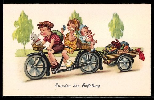 Postcard bicycle children on - postcard:,