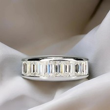 14K White Gold Over Emerald Band Half Eternity Diamond Wedding Men's Silver Ring
