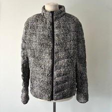 M&S Lightweight Down Puffer Jacket Coat Size 16 Black White Herringbone Hooded