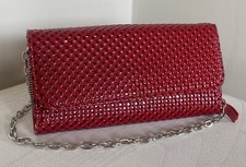 Frank Usher Red Glossy Textured Hand Bag Shoulder Clutch Bag Silver Chain Strap