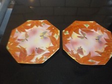 Pair Britannia Pottery B.P Co Octagonal Plates Hand Painted Orange Lustre X1